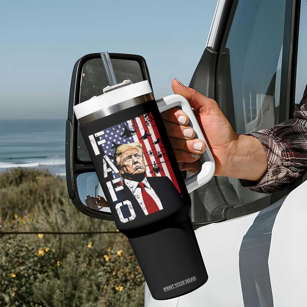 Patriotic Trump American Flag and Fighter Jet Graphic Tumbler With Handle TS02 Print Your Wear