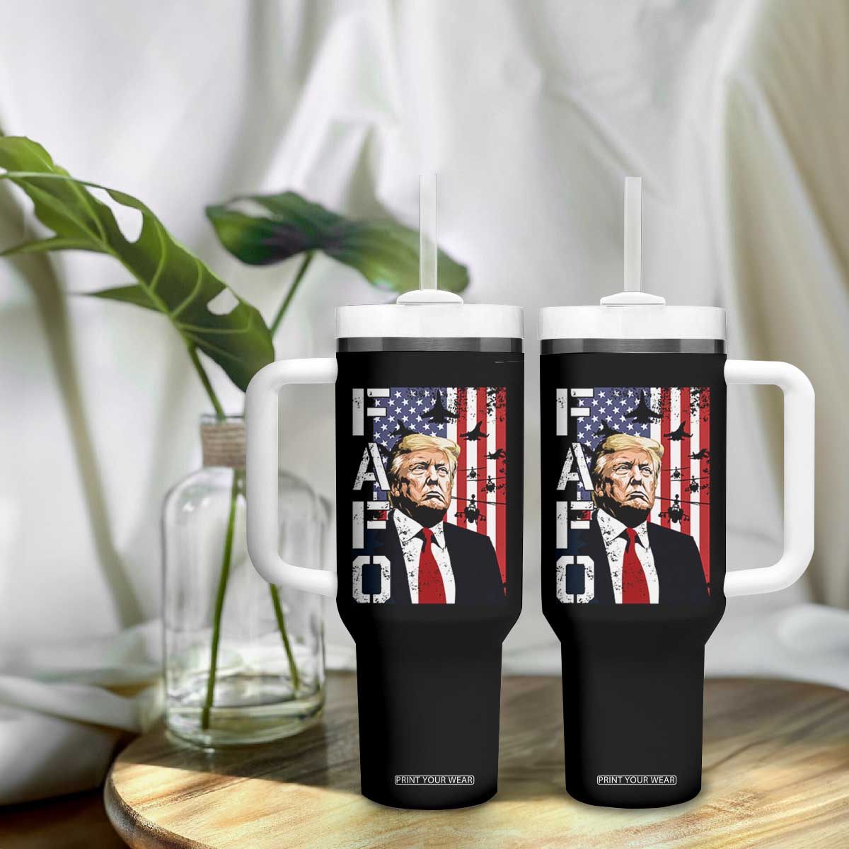 Patriotic Trump American Flag and Fighter Jet Graphic Tumbler With Handle TS02 Print Your Wear