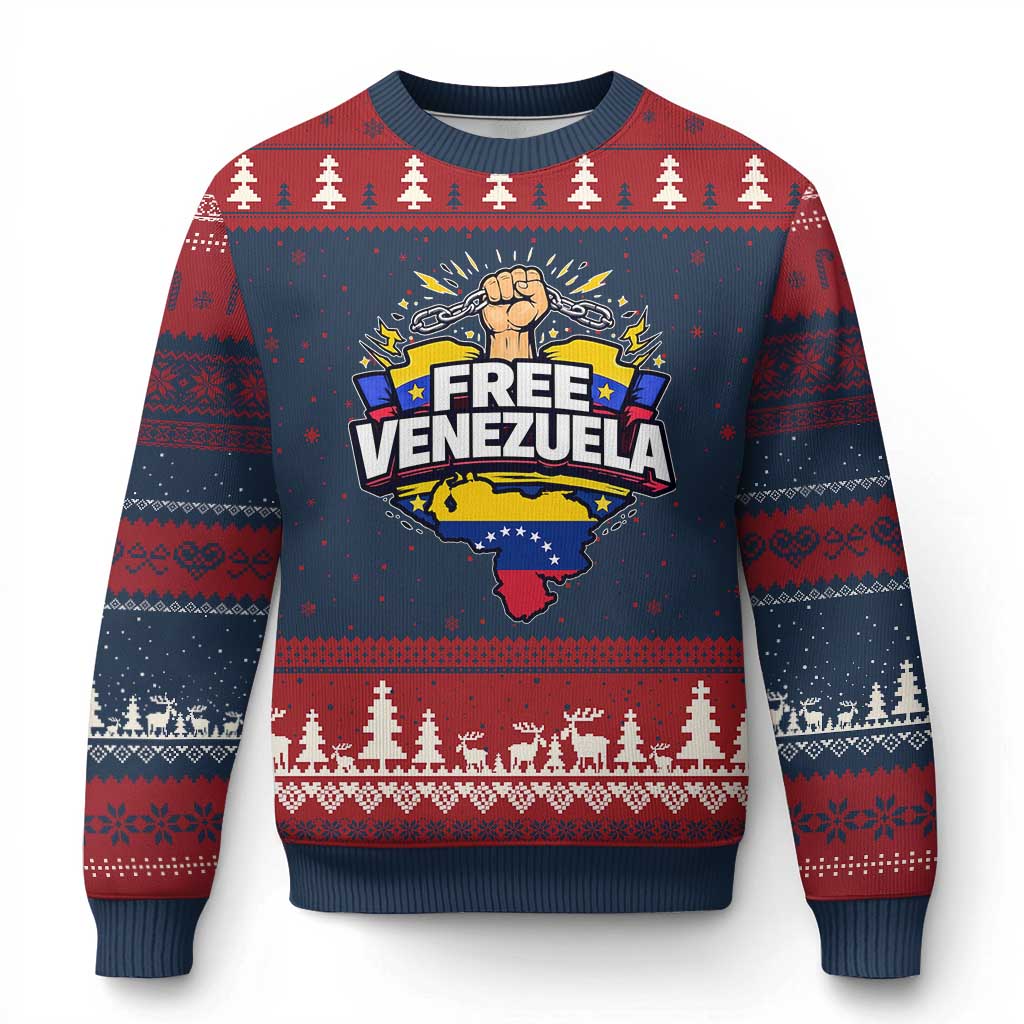 Free Venezuela Raised Fist Ugly Christmas Sweater Libre Venezuelan Flag Map Liberation TS02 Navy Red Print Your Wear