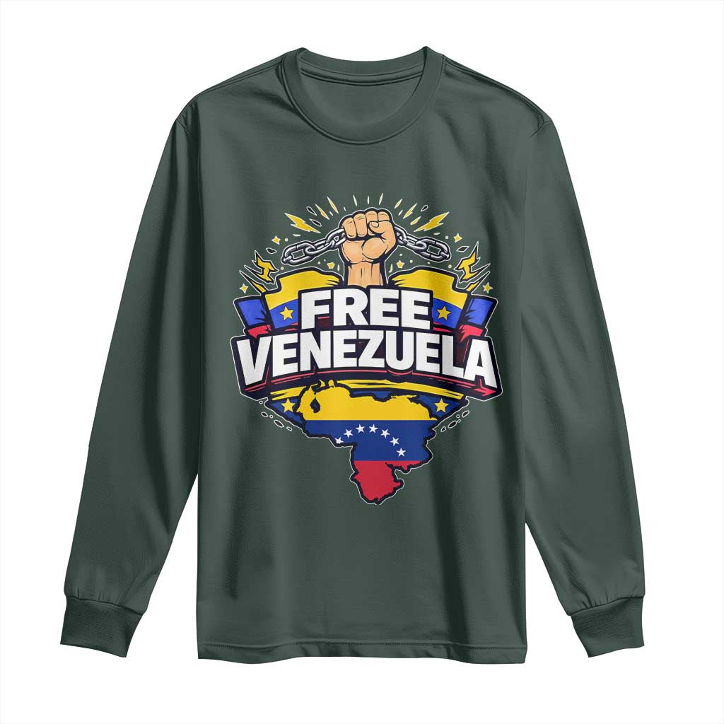 Free Venezuela Raised Fist Long Sleeve Shirt Libre Venezuelan Flag Map Liberation TS02 Dark Forest Green Print Your Wear
