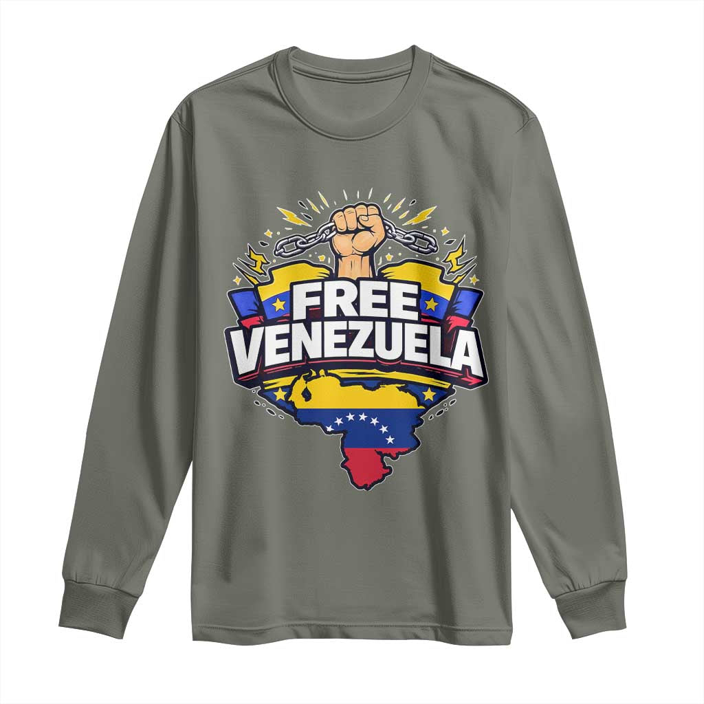 Free Venezuela Raised Fist Long Sleeve Shirt Libre Venezuelan Flag Map Liberation TS02 Military Green Print Your Wear