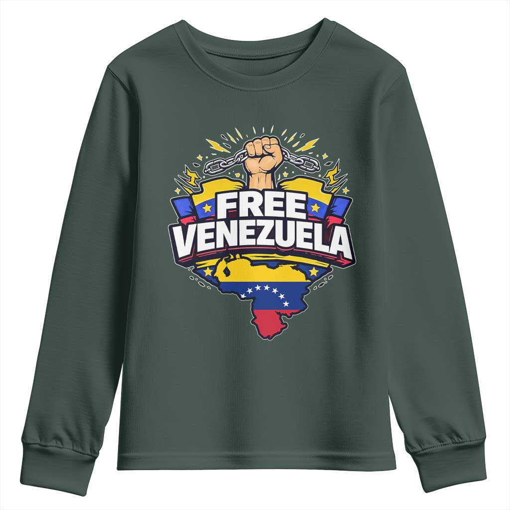Free Venezuela Raised Fist Youth Sweatshirt Libre Venezuelan Flag Map Liberation TS02 Dark Forest Green Print Your Wear