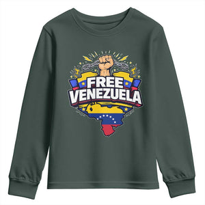 Free Venezuela Raised Fist Youth Sweatshirt Libre Venezuelan Flag Map Liberation TS02 Dark Forest Green Print Your Wear