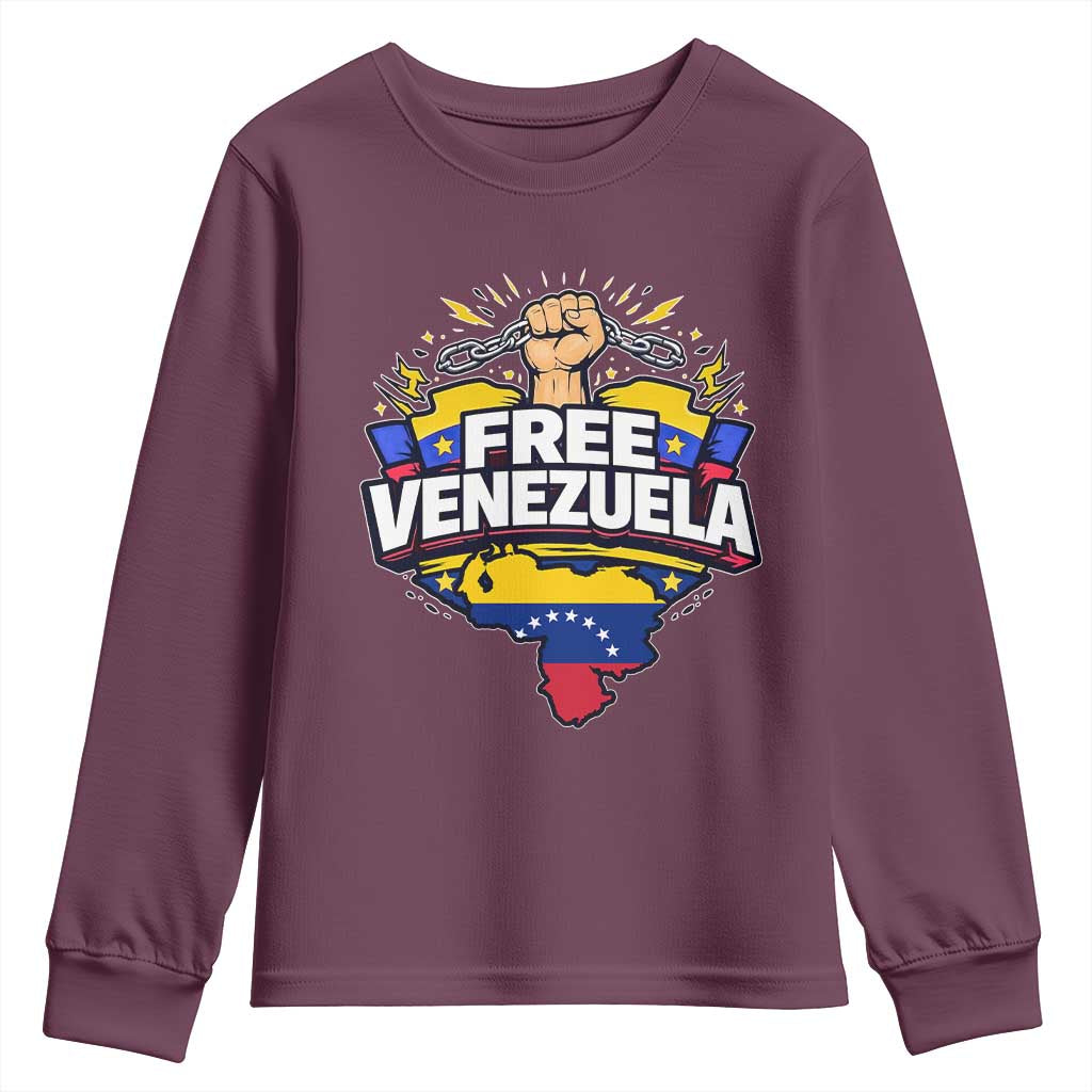 Free Venezuela Raised Fist Youth Sweatshirt Libre Venezuelan Flag Map Liberation TS02 Maroon Print Your Wear