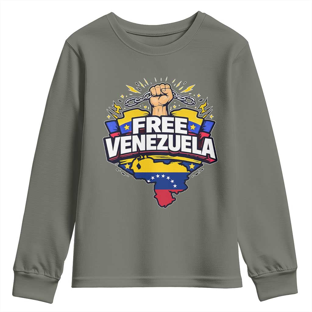 Free Venezuela Raised Fist Youth Sweatshirt Libre Venezuelan Flag Map Liberation TS02 Military Green Print Your Wear