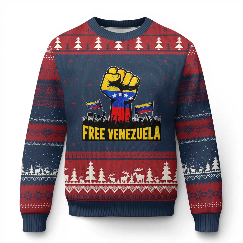 Free Venezuela Flag Ugly Christmas Sweater Raised Fist Resistance for Liberation Supporters TS02 Navy Red Print Your Wear