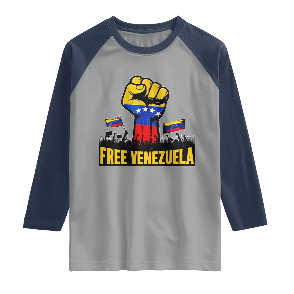 Free Venezuela Flag Raglan Shirt Raised Fist Resistance for Liberation Supporters TS02 Sport Gray Navy Print Your Wear
