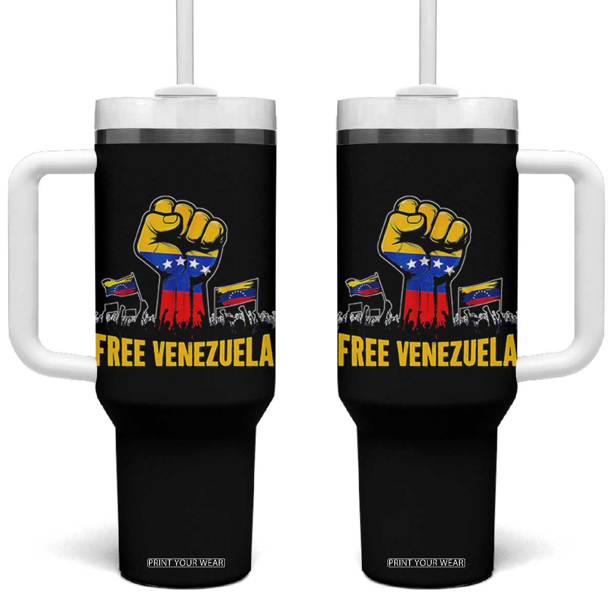 Free Venezuela Flag Tumbler With Handle Raised Fist Resistance for Liberation Supporters TS02 One Size: 40 oz Black Print Your Wear