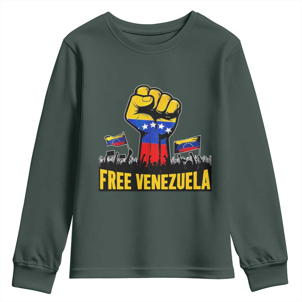 Free Venezuela Flag Youth Sweatshirt Raised Fist Resistance for Liberation Supporters TS02 Dark Forest Green Print Your Wear