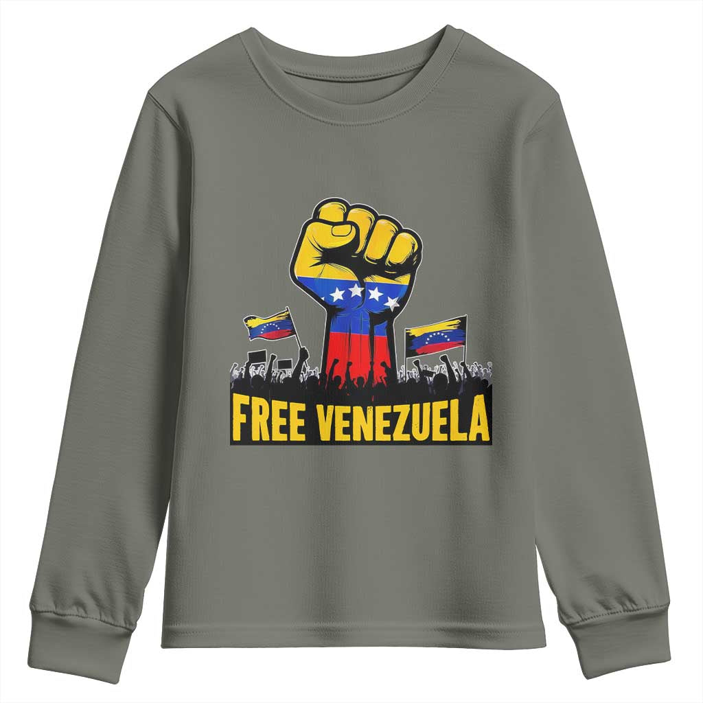 Free Venezuela Flag Youth Sweatshirt Raised Fist Resistance for Liberation Supporters TS02 Military Green Print Your Wear
