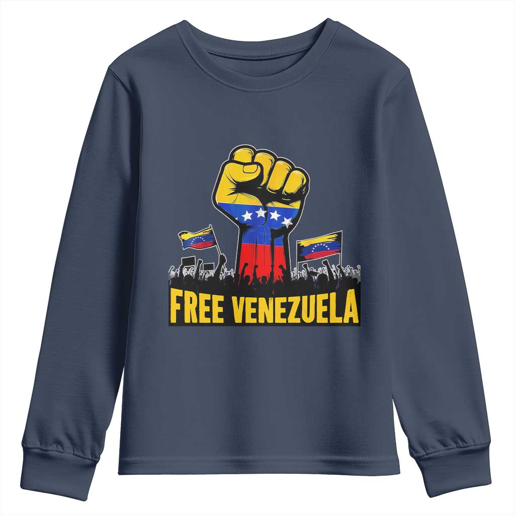 Free Venezuela Flag Youth Sweatshirt Raised Fist Resistance for Liberation Supporters TS02 Navy Print Your Wear