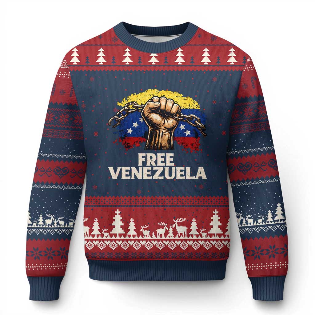 Free Venezuela Flag Chain Breaker Ugly Christmas Sweater Powerful Liberation for Liberation Supporters TS02 Navy Red Print Your Wear