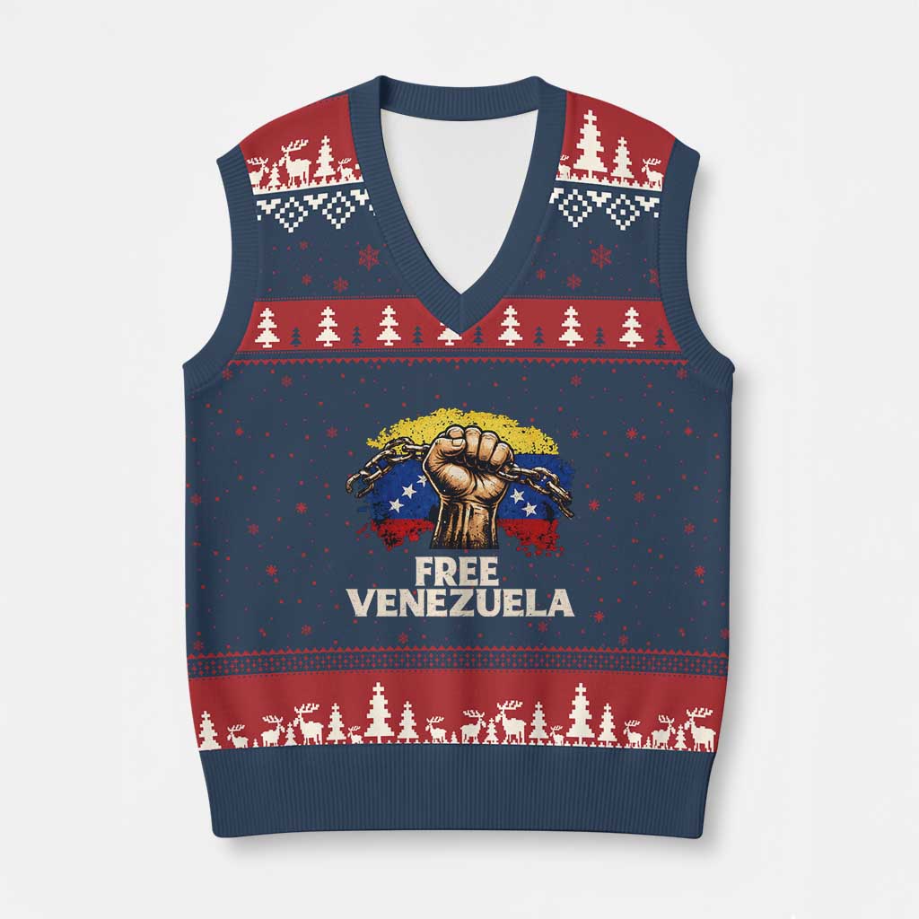 Free Venezuela Flag Chain Breaker V-Neck Knit Sweater Vest Powerful Liberation for Liberation Supporters TS02 Navy Red Print Your Wear