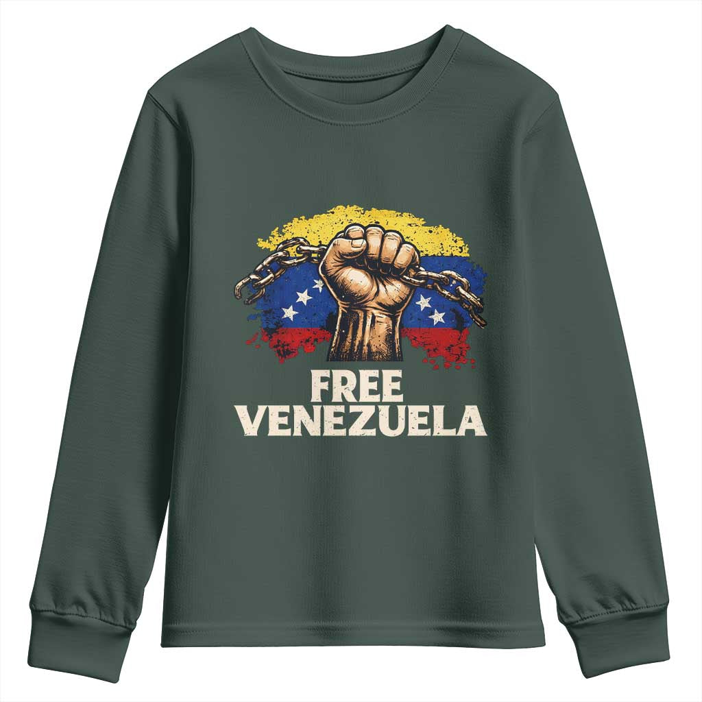 Free Venezuela Flag Chain Breaker Youth Sweatshirt Powerful Liberation for Liberation Supporters TS02 Dark Forest Green Print Your Wear