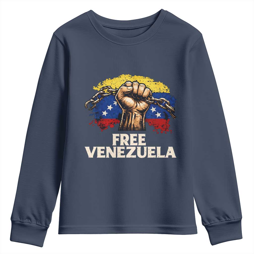 Free Venezuela Flag Chain Breaker Youth Sweatshirt Powerful Liberation for Liberation Supporters TS02 Navy Print Your Wear