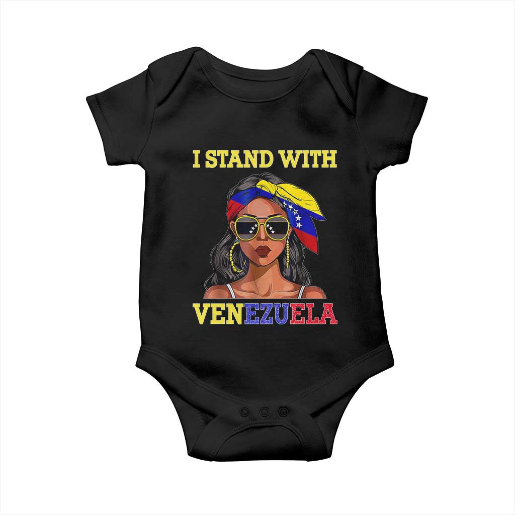 Stand With Venezuela Patriotic Baby Onesie Venezuelan Flag Empowering Afro Latina Messy Bun Bandana TS02 Black Print Your Wear