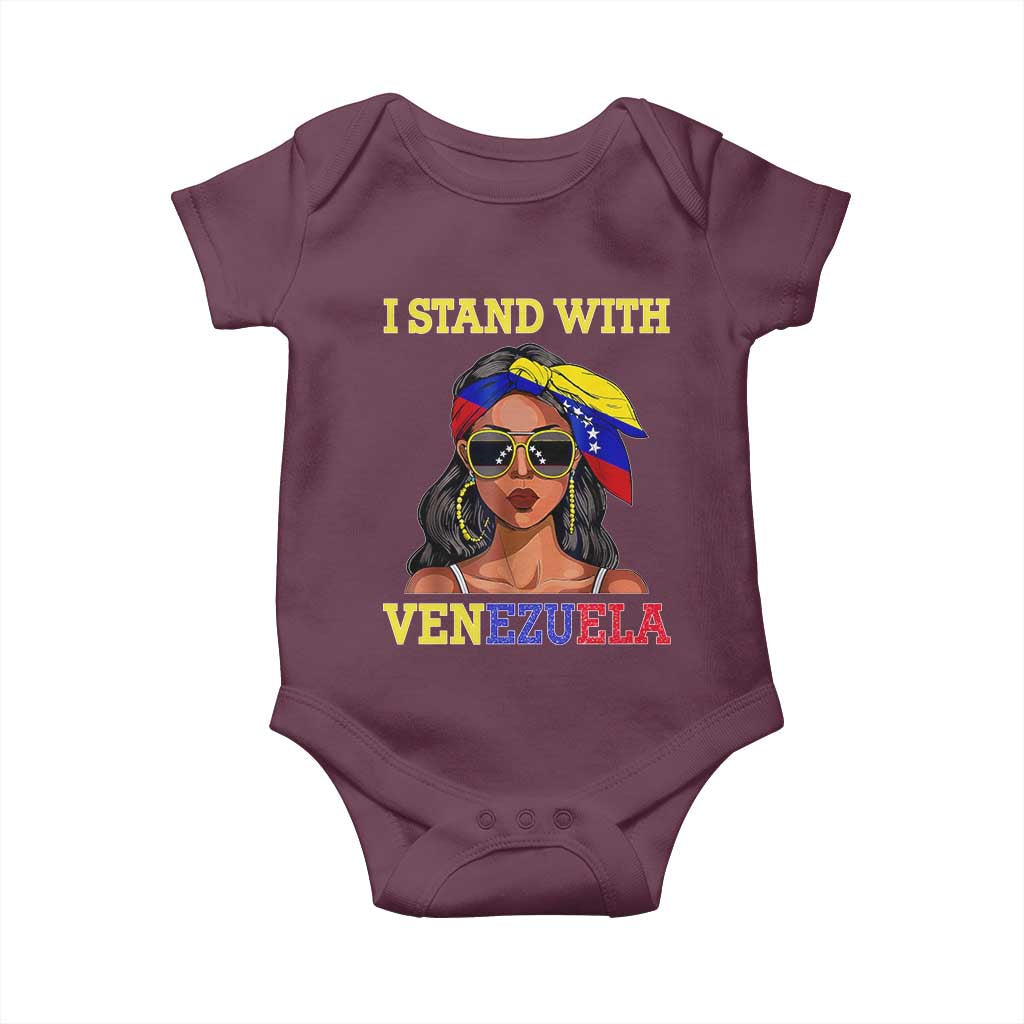 Stand With Venezuela Patriotic Baby Onesie Venezuelan Flag Empowering Afro Latina Messy Bun Bandana TS02 Maroon Print Your Wear