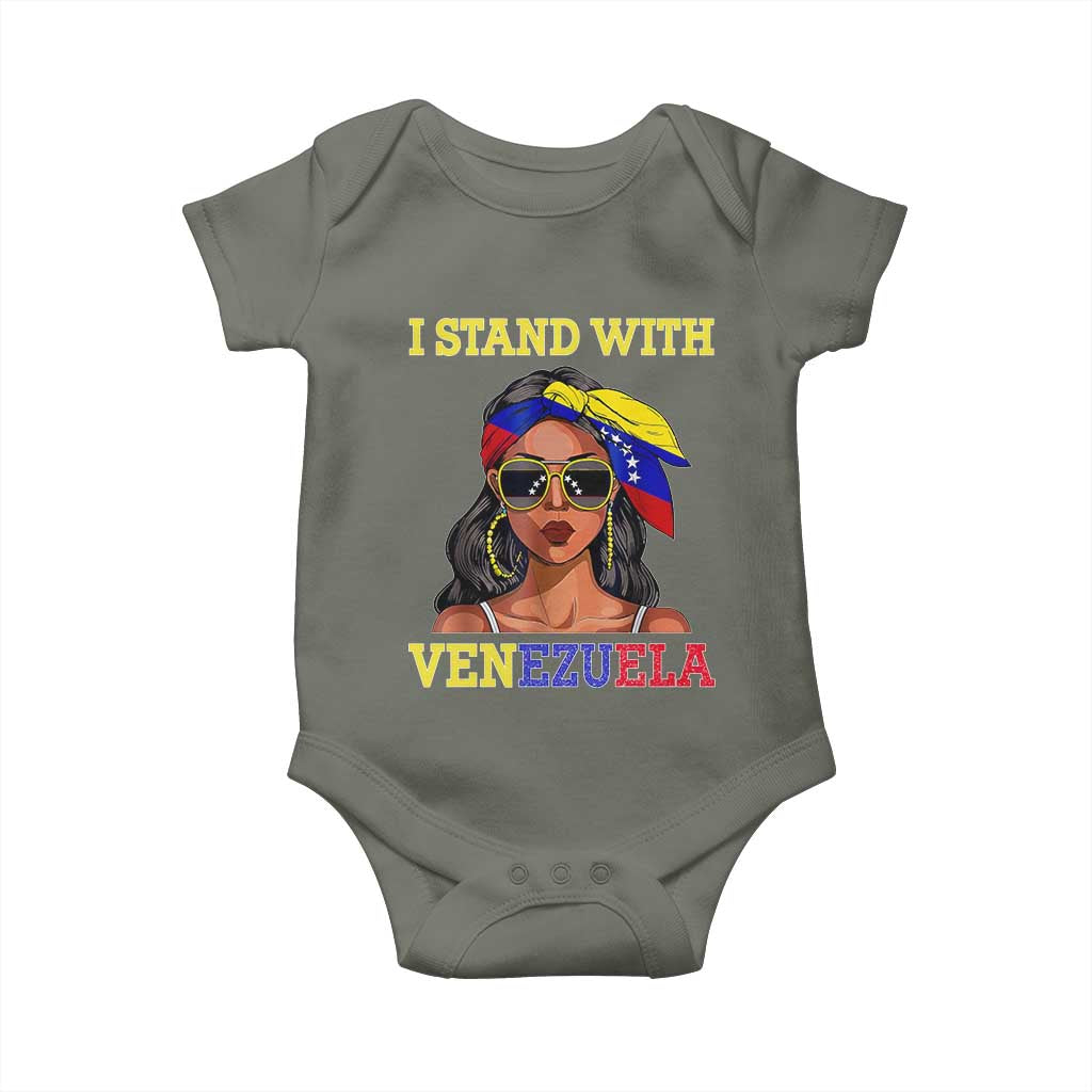 Stand With Venezuela Patriotic Baby Onesie Venezuelan Flag Empowering Afro Latina Messy Bun Bandana TS02 Military Green Print Your Wear