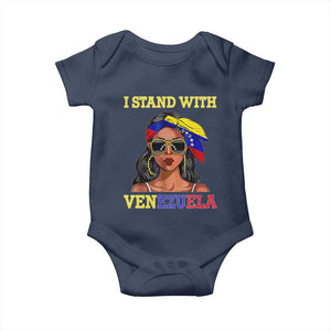 Stand With Venezuela Patriotic Baby Onesie Venezuelan Flag Empowering Afro Latina Messy Bun Bandana TS02 Navy Print Your Wear