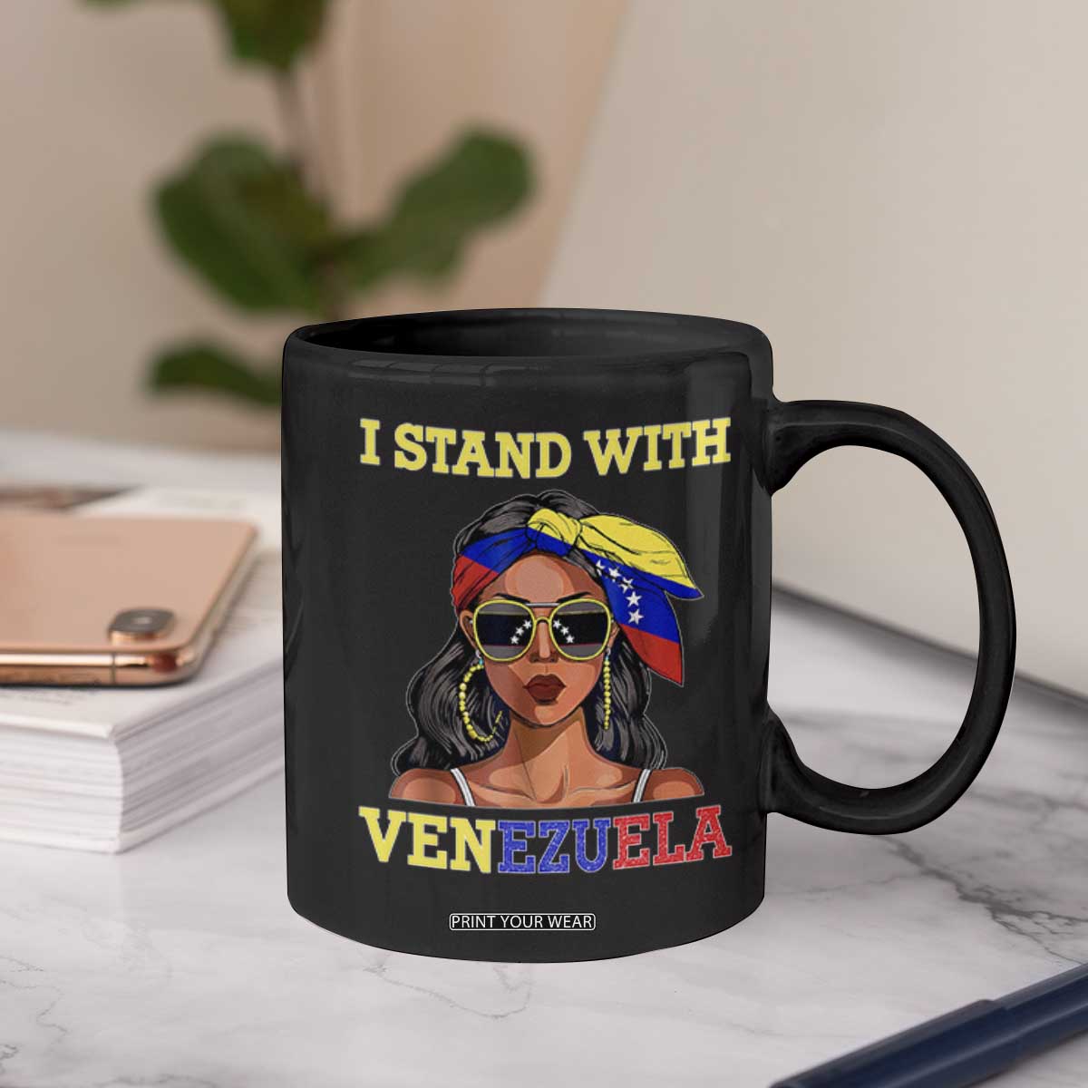 Stand With Venezuela Patriotic Coffee Mug Venezuelan Flag Empowering Afro Latina Messy Bun Bandana TS02 Print Your Wear