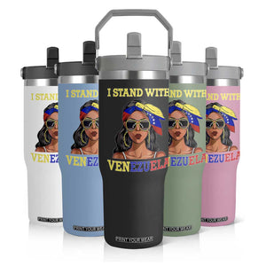 Stand With Venezuela Patriotic Flip Straw Tumbler Venezuelan Flag Empowering Afro Latina Messy Bun Bandana TS02 Print Your Wear