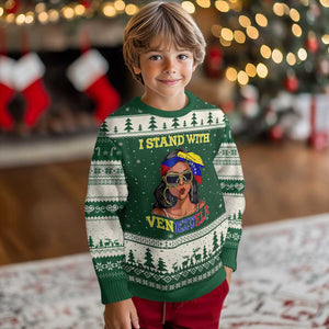 Stand With Venezuela Patriotic Ugly Christmas Sweater Venezuelan Flag Empowering Afro Latina Messy Bun Bandana TS02 Forest Green Beige Print Your Wear