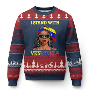 Stand With Venezuela Patriotic Ugly Christmas Sweater Venezuelan Flag Empowering Afro Latina Messy Bun Bandana TS02 Navy Red Print Your Wear