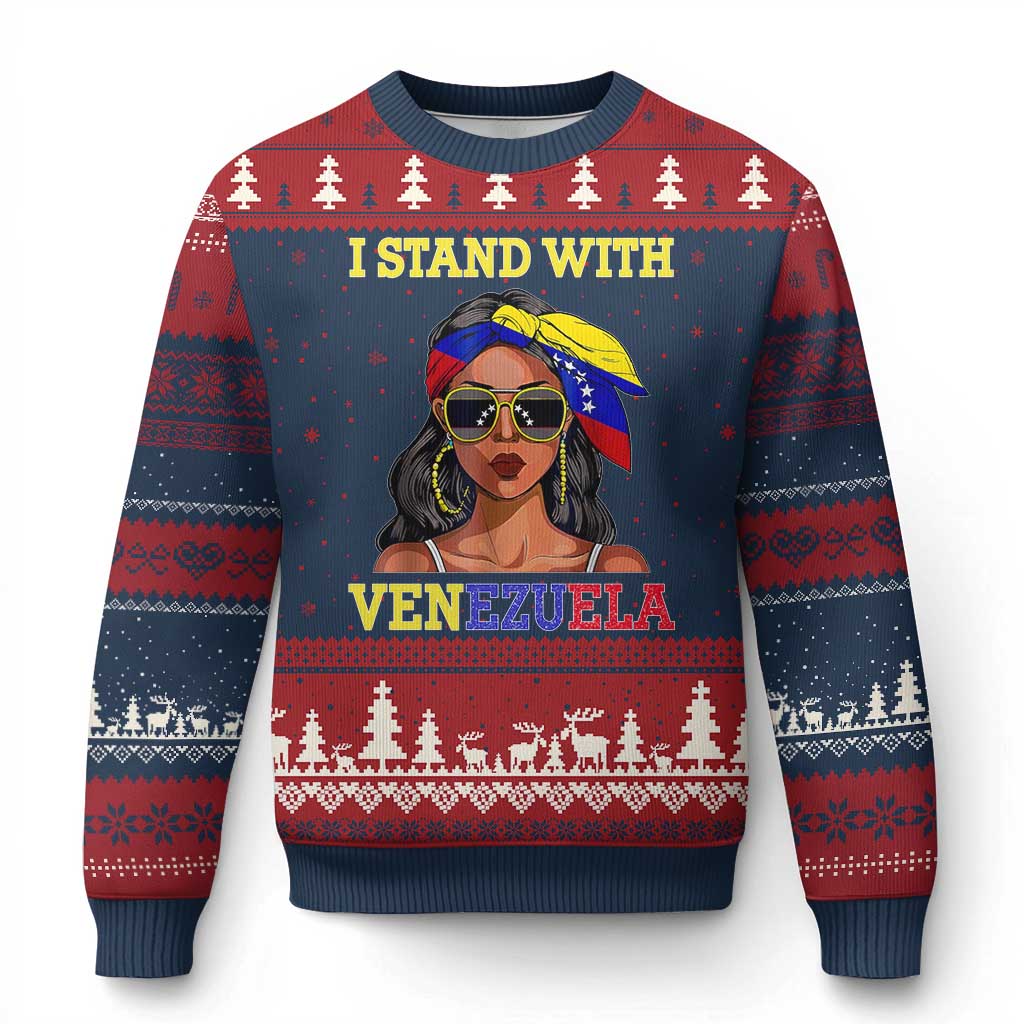 Stand With Venezuela Patriotic Ugly Christmas Sweater Venezuelan Flag Empowering Afro Latina Messy Bun Bandana TS02 Navy Red Print Your Wear