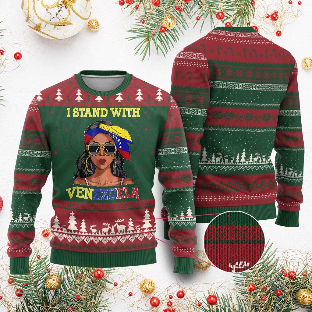 Stand With Venezuela Patriotic Ugly Christmas Sweater Venezuelan Flag Empowering Afro Latina Messy Bun Bandana TS02 Red Green Print Your Wear