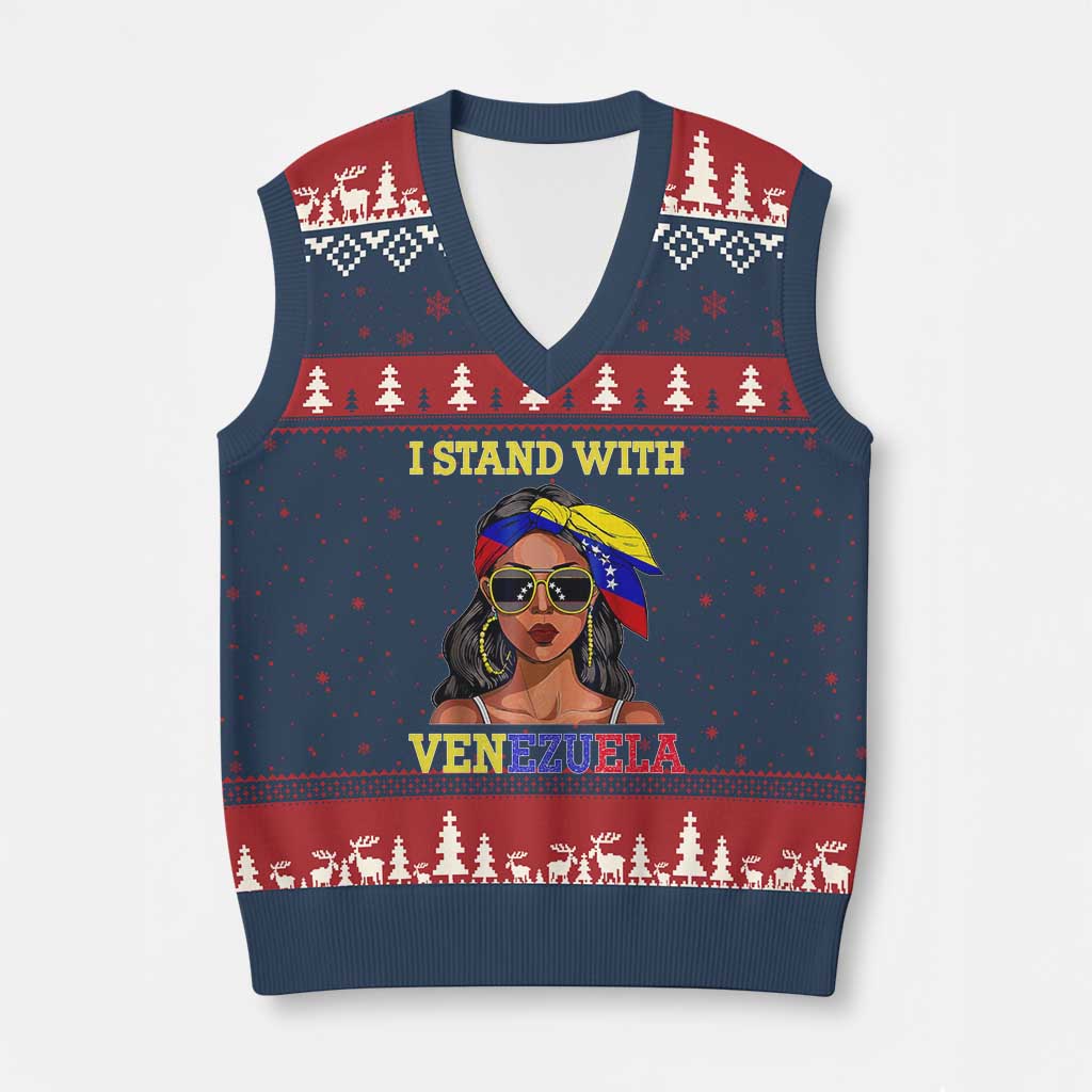 Stand With Venezuela Patriotic V-Neck Knit Sweater Vest Venezuelan Flag Empowering Afro Latina Messy Bun Bandana TS02 Navy Red Print Your Wear