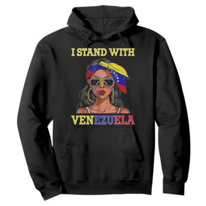 Stand With Venezuela Patriotic Hoodie Venezuelan Flag Empowering Afro Latina Messy Bun Bandana TS02 Black Print Your Wear