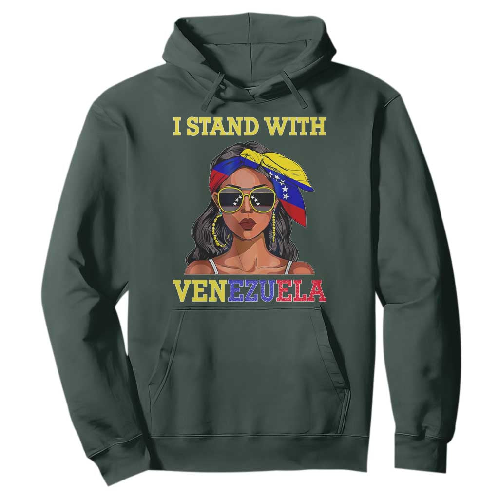 Stand With Venezuela Patriotic Hoodie Venezuelan Flag Empowering Afro Latina Messy Bun Bandana TS02 Dark Forest Green Print Your Wear