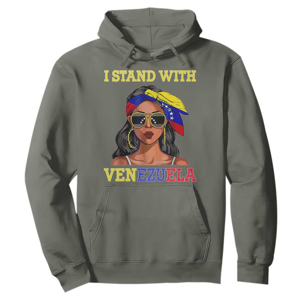 Stand With Venezuela Patriotic Hoodie Venezuelan Flag Empowering Afro Latina Messy Bun Bandana TS02 Military Green Print Your Wear