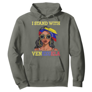 Stand With Venezuela Patriotic Hoodie Venezuelan Flag Empowering Afro Latina Messy Bun Bandana TS02 Military Green Print Your Wear