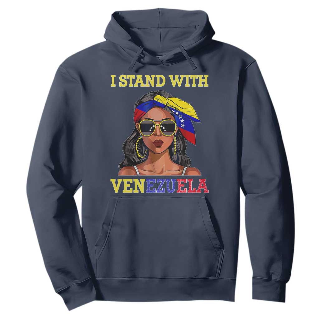 Stand With Venezuela Patriotic Hoodie Venezuelan Flag Empowering Afro Latina Messy Bun Bandana TS02 Navy Print Your Wear