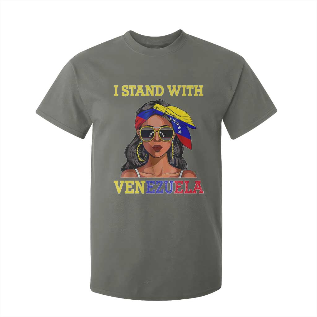 Stand With Venezuela Patriotic T Shirt For Kid Venezuelan Flag Empowering Afro Latina Messy Bun Bandana TS02 Military Green Print Your Wear