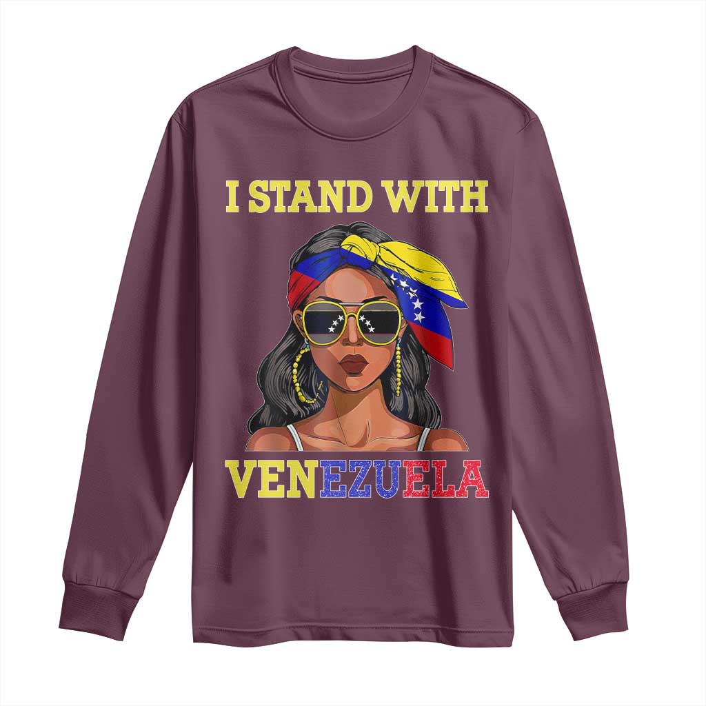 Stand With Venezuela Patriotic Long Sleeve Shirt Venezuelan Flag Empowering Afro Latina Messy Bun Bandana TS02 Maroon Print Your Wear