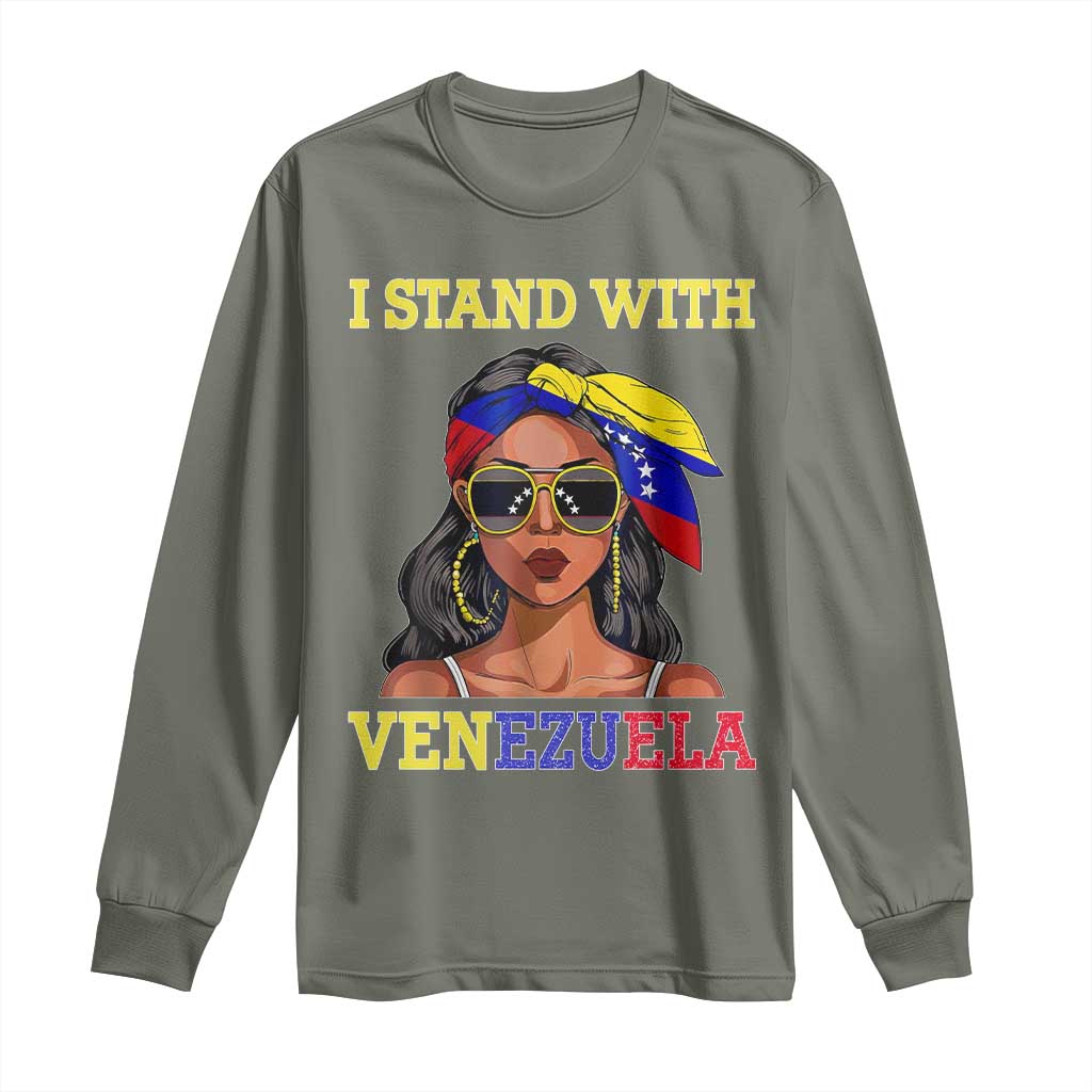 Stand With Venezuela Patriotic Long Sleeve Shirt Venezuelan Flag Empowering Afro Latina Messy Bun Bandana TS02 Military Green Print Your Wear