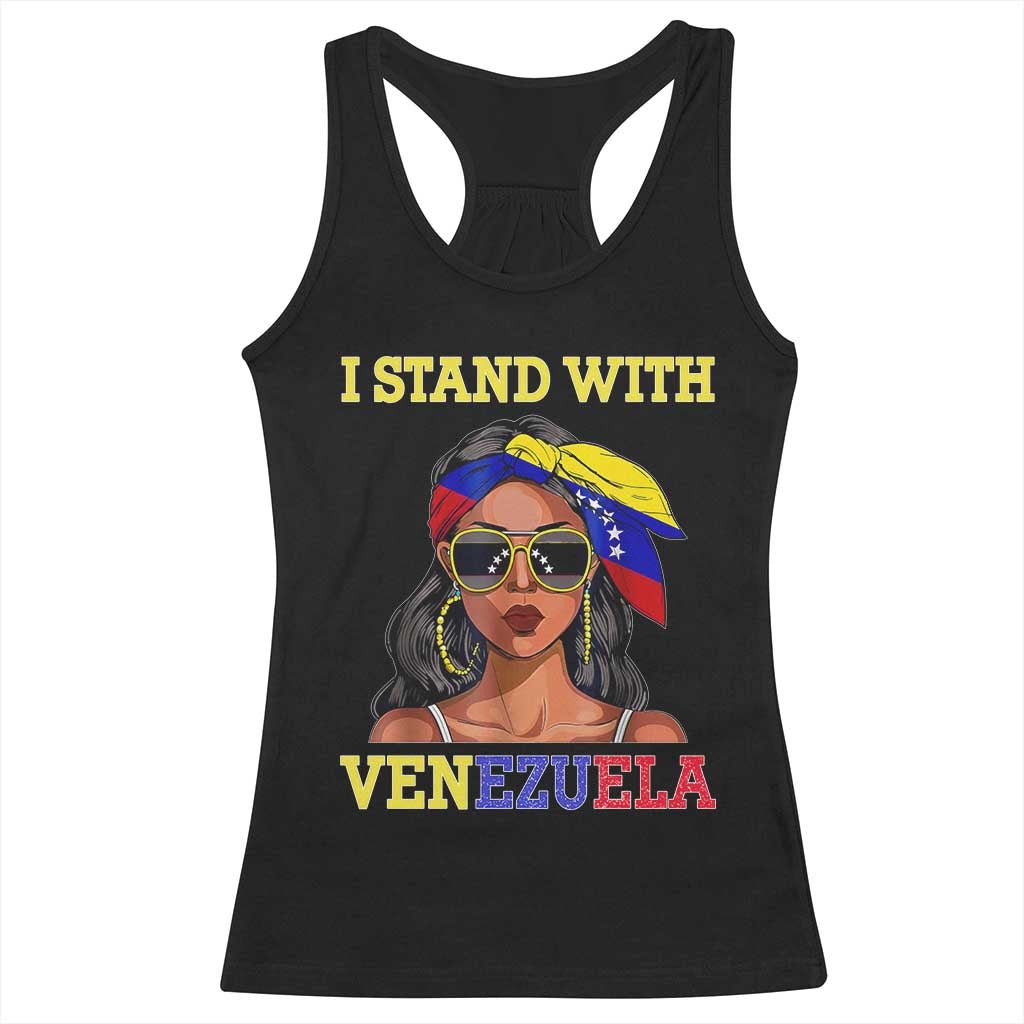 Stand With Venezuela Patriotic Racerback Tank Top Venezuelan Flag Empowering Afro Latina Messy Bun Bandana TS02 Black Print Your Wear