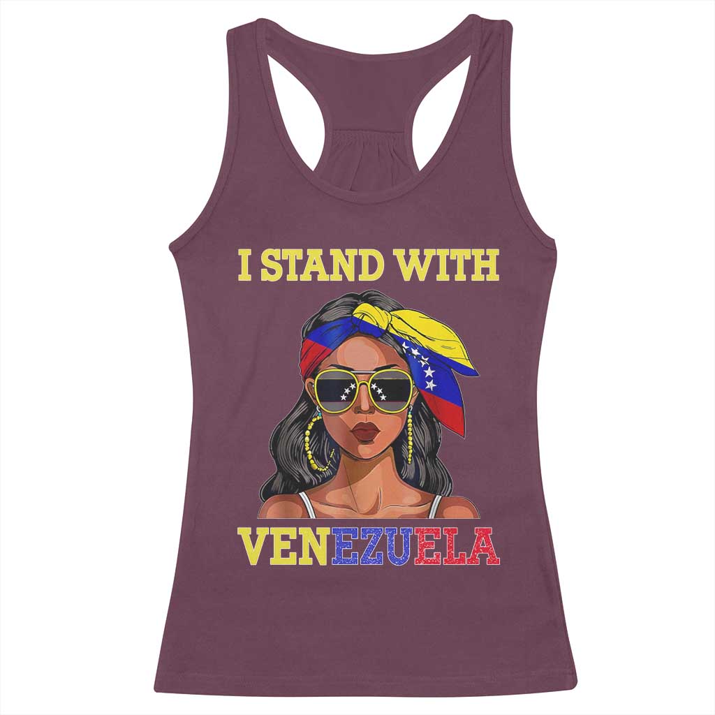 Stand With Venezuela Patriotic Racerback Tank Top Venezuelan Flag Empowering Afro Latina Messy Bun Bandana TS02 Maroon Print Your Wear