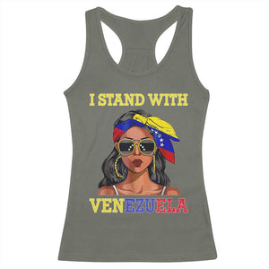 Stand With Venezuela Patriotic Racerback Tank Top Venezuelan Flag Empowering Afro Latina Messy Bun Bandana TS02 Military Green Print Your Wear