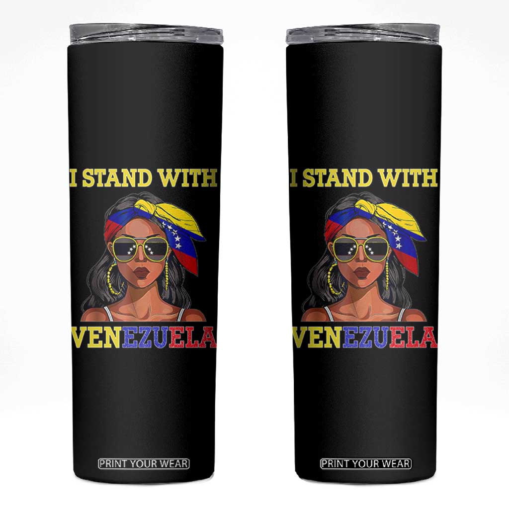 Stand With Venezuela Patriotic Skinny Tumbler Venezuelan Flag Empowering Afro Latina Messy Bun Bandana TS02 Black Print Your Wear