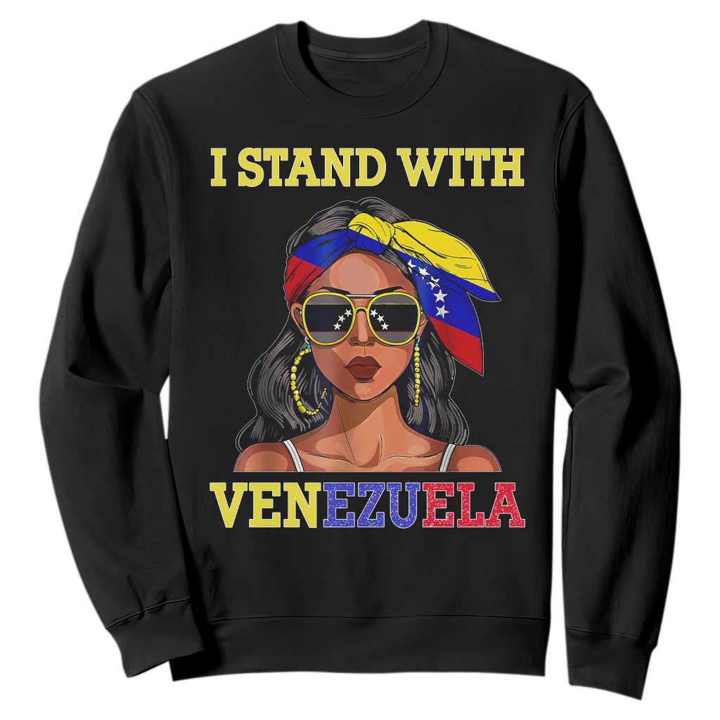 Stand With Venezuela Patriotic Sweatshirt Venezuelan Flag Empowering Afro Latina Messy Bun Bandana TS02 Black Print Your Wear