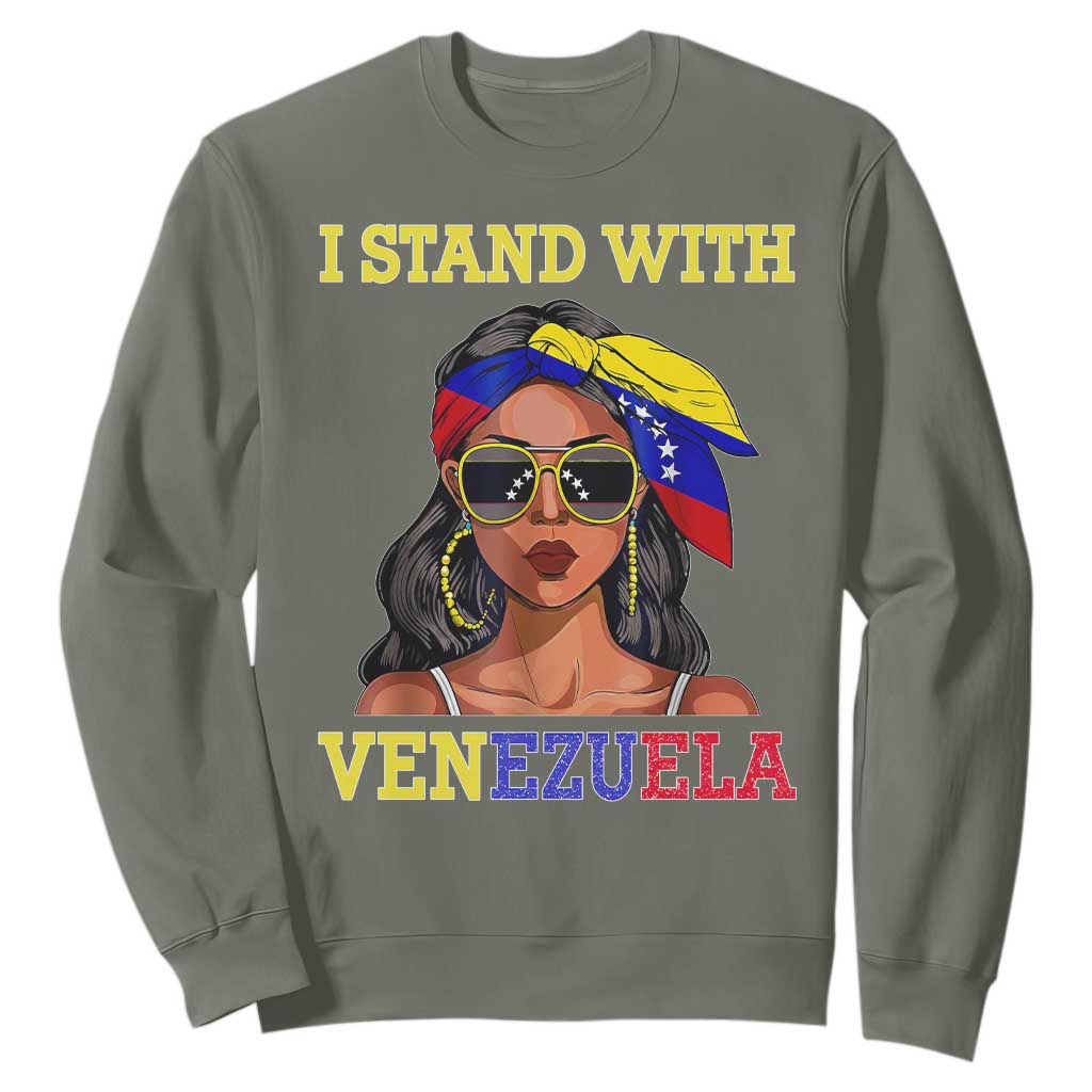 Stand With Venezuela Patriotic Sweatshirt Venezuelan Flag Empowering Afro Latina Messy Bun Bandana TS02 Military Green Print Your Wear