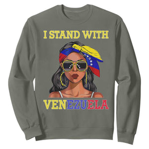 Stand With Venezuela Patriotic Sweatshirt Venezuelan Flag Empowering Afro Latina Messy Bun Bandana TS02 Military Green Print Your Wear