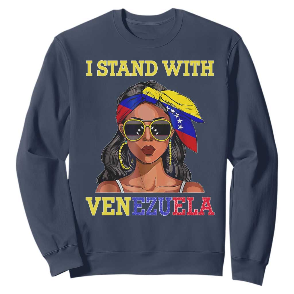 Stand With Venezuela Patriotic Sweatshirt Venezuelan Flag Empowering Afro Latina Messy Bun Bandana TS02 Navy Print Your Wear