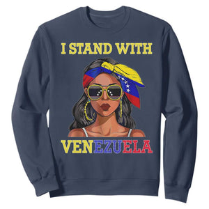 Stand With Venezuela Patriotic Sweatshirt Venezuelan Flag Empowering Afro Latina Messy Bun Bandana TS02 Navy Print Your Wear