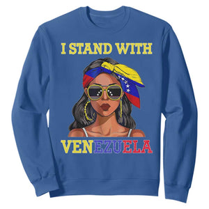 Stand With Venezuela Patriotic Sweatshirt Venezuelan Flag Empowering Afro Latina Messy Bun Bandana TS02 Royal Blue Print Your Wear