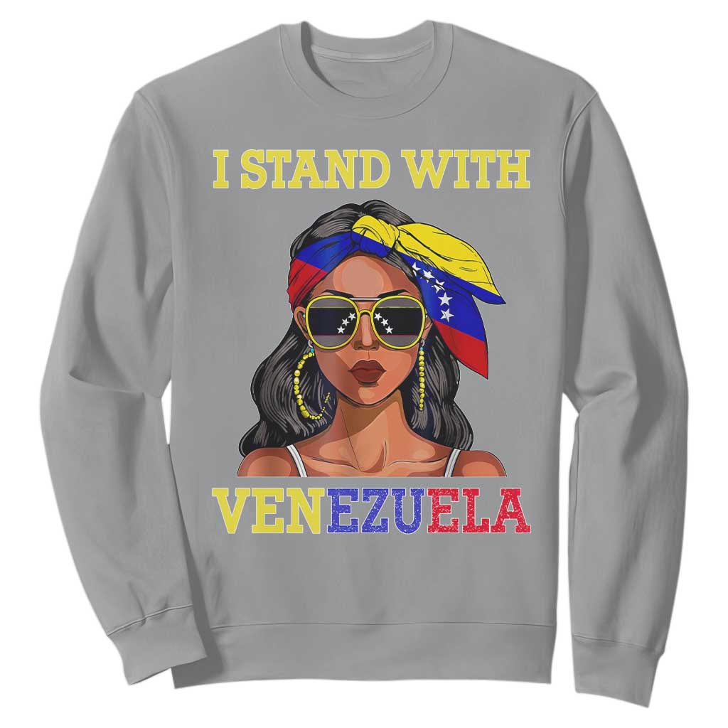 Stand With Venezuela Patriotic Sweatshirt Venezuelan Flag Empowering Afro Latina Messy Bun Bandana TS02 Sport Gray Print Your Wear