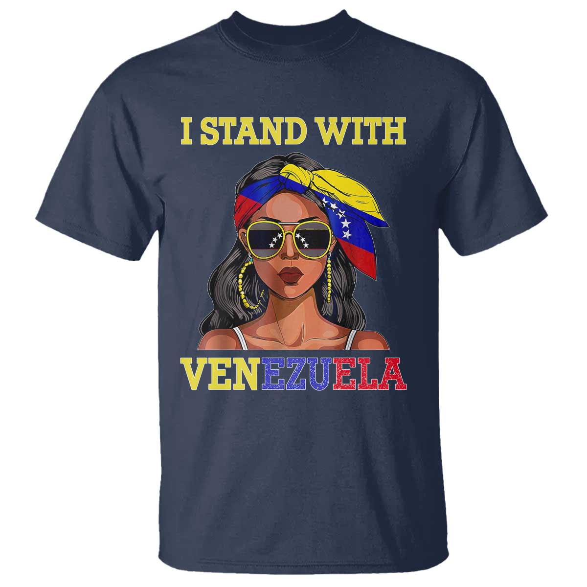 Stand With Venezuela Patriotic T Shirt Venezuelan Flag Empowering Afro Latina Messy Bun Bandana TS02 Navy Print Your Wear